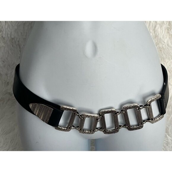 Vintage Style Black Faux Leather Silver Engraved Metal Link Statement Waist Belt main image 4